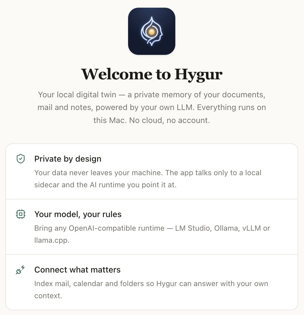 Hygur's welcome screen: a private memory of your documents, mail and notes, running on your own machine.